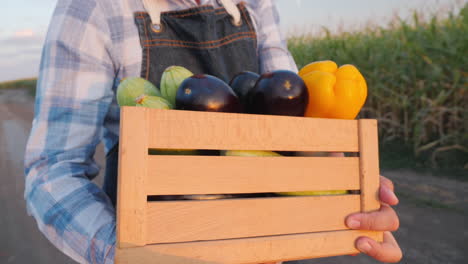 farmer holding a wooden crate of fresh vegetables