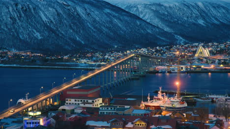 stunning cinematic shot of tromso bridge and cathedral