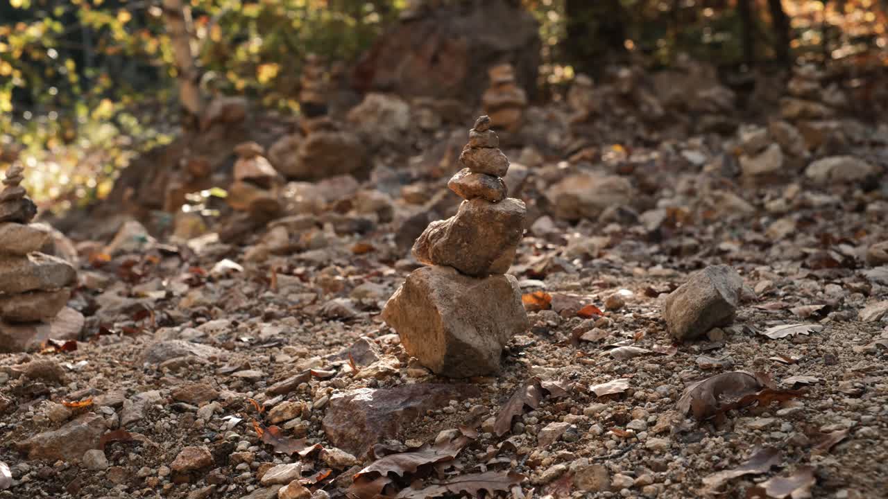 una pila de rocas equilibradas en el bosque