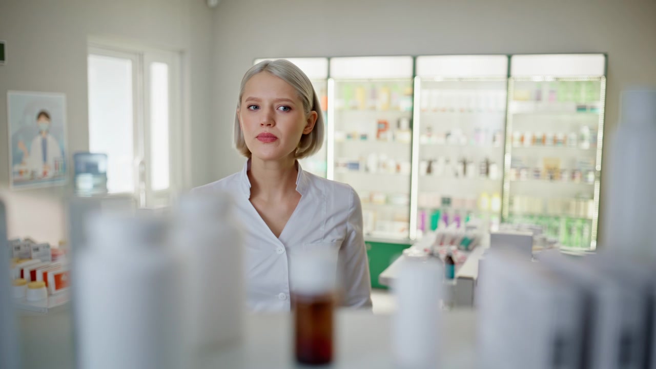 Girl pharmacist reviewing medicine stock products in pharmacy drugstore closeup