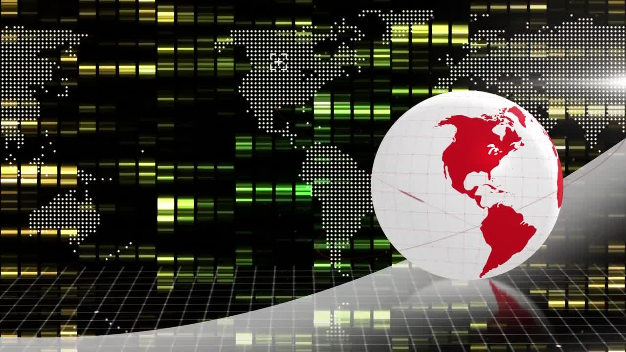 animación de un globo digital que gira sobre el mapa moviéndose en bucle contra un fondo abstracto