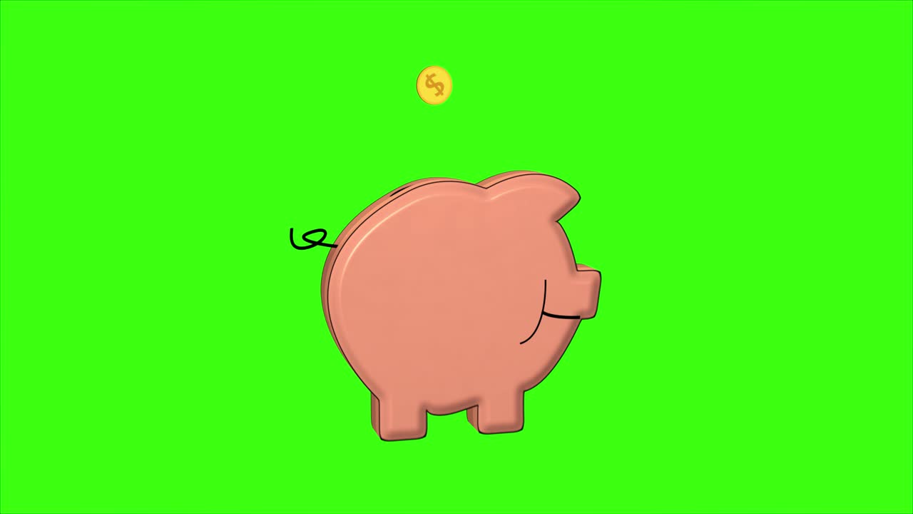 Gold coins fly into happy piggy bank that is getting fatter