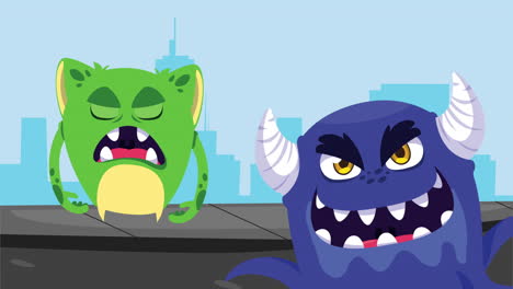 dos monstruos de dibujos animados enojados en una ciudad