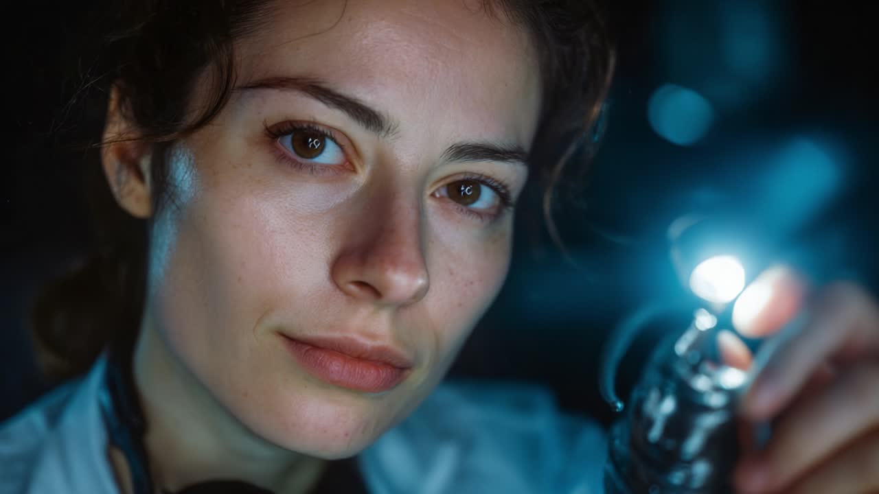 Focused and Determined Scientist Holding a Flashlight, Preparing for Exploration in a Dark Environment, Illuminating the Path Ahead with a Bright Light, Capturing the Essence of Discovery and Curiosity