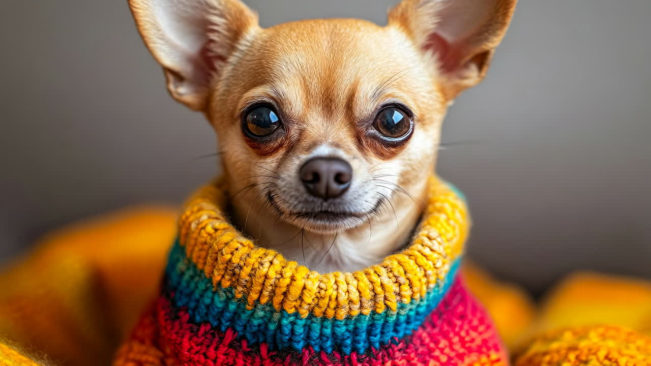 Chihuahua in a bright sweater. A chihuahua with large ears sits comfortably in a cozy atmosphere, dressed in a bright, multicolored sweater