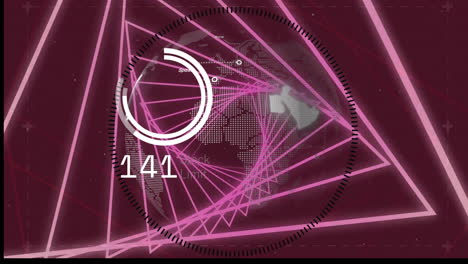 animación del procesamiento de datos con globo sobre formas de neón en fondo púrpura