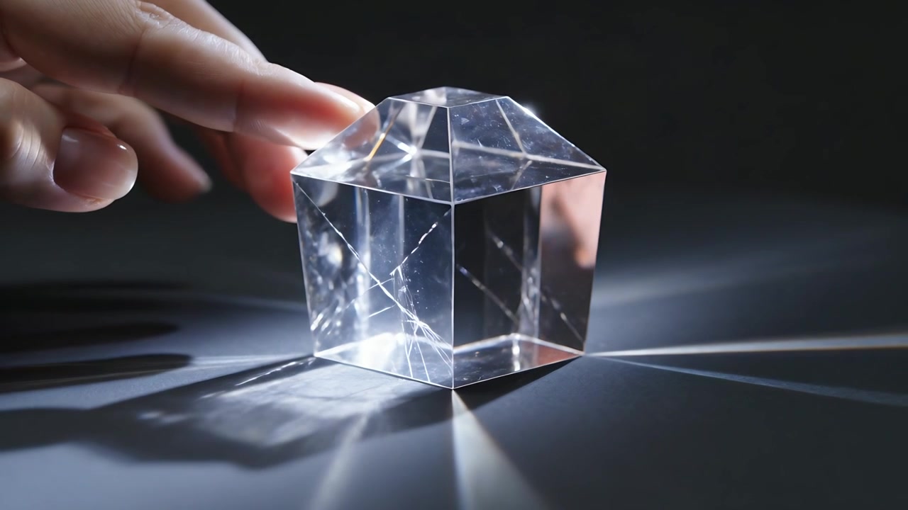 Entering manicured hand nudging transparent prism on dark tabletop, altering refraction beams