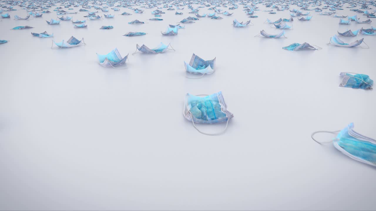 수백만 개의 사용된 수술 마스크, 루프 3d 애니메이션