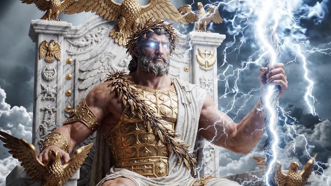 Majestätische Figur der Macht und Autorität, prunkvoll in Gold, auf einem Thron sitzend, die Elemente mit Blitzen beherrschend, umgeben von symbolischen Adlern und stürmischen Wolken.