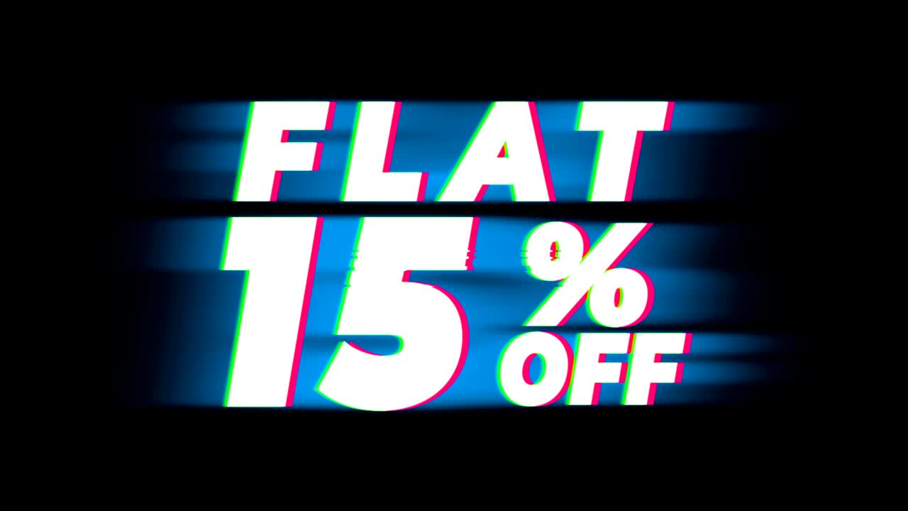 Flat 15% Percent Off Text Vintage Glitch Effect Promotion.