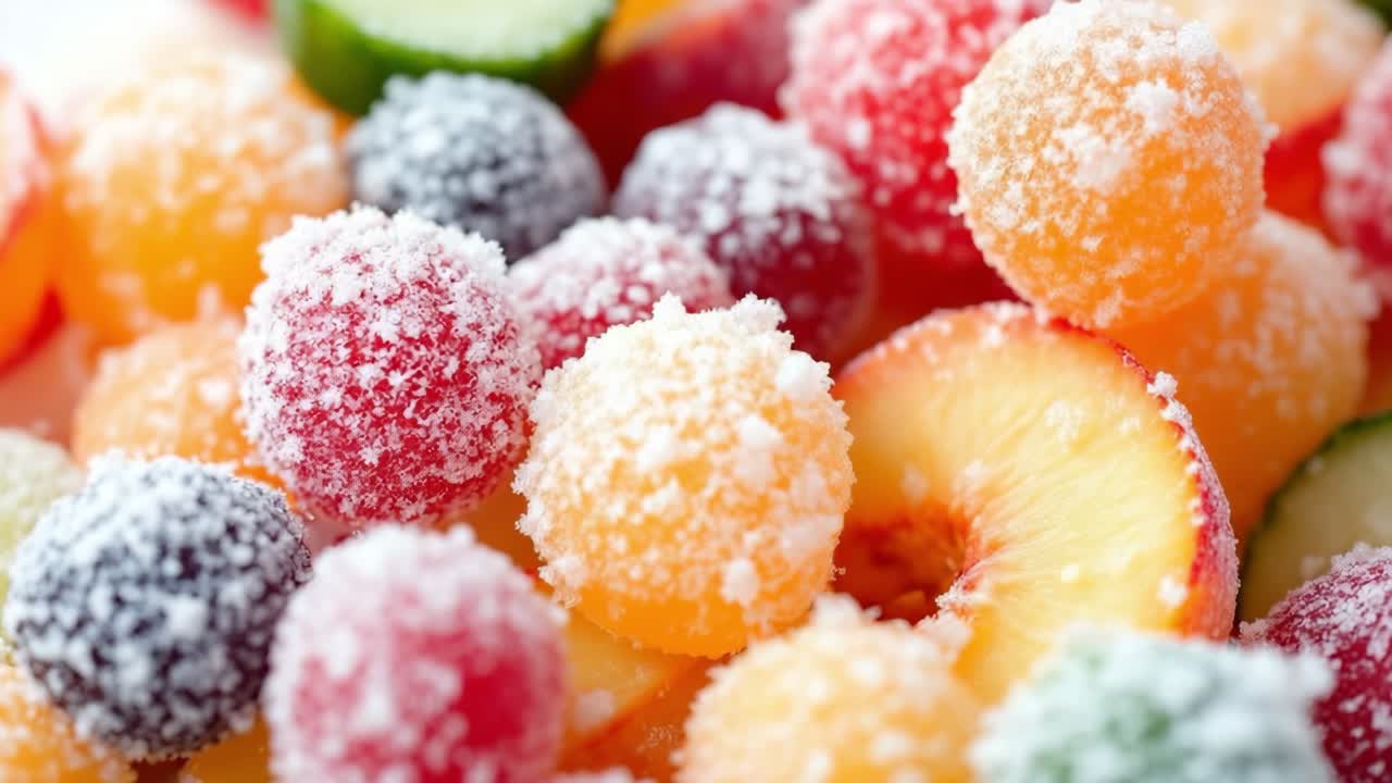 Frosted multicolored produce displaying nutritional variety, glistening with icy crystals and promising vibrant wellness