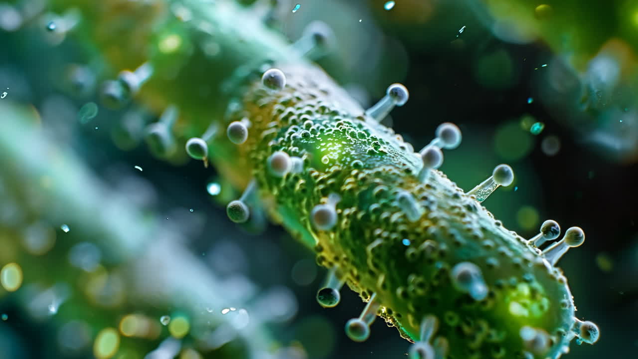 A green, fuzzy looking object with many small green dots on it. It looks like a plant or a bug