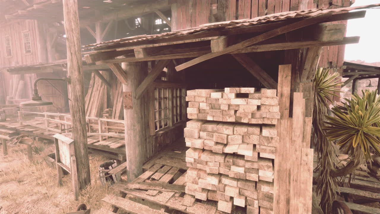 안개가 가득한 사막의 오래된 목조 밀