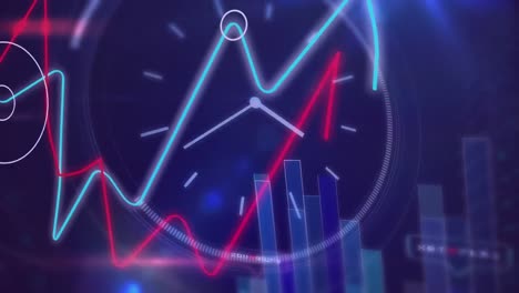 Weltkarte,-Blaue-Und-Rote-Diagramme,-Uhr-Und-Datenverarbeitung-Auf-Dunklem-Hintergrund