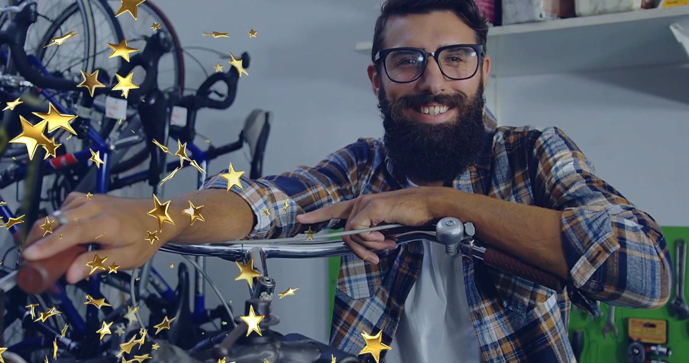 Bearded man testing brake tension by pulling lever in bike shop while gold stars accentuating touch