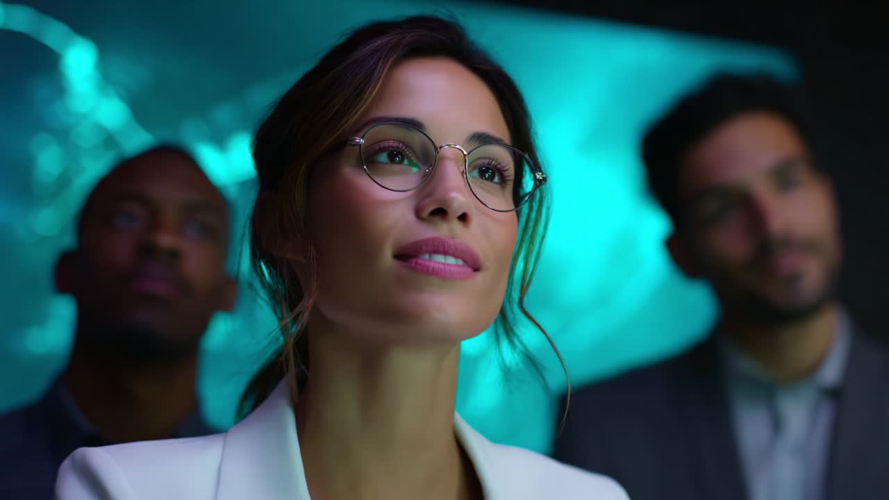 A Professional Woman in a Modern Setting Deeply Engaging with Innovative Visuals, Capturing the Essence of Thoughtfulness and Inspiration Amidst a Creative Atmosphere with Colleagues Present