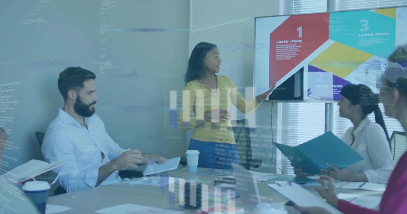 Diverse Business Team Meeting with Digital Data Overlay