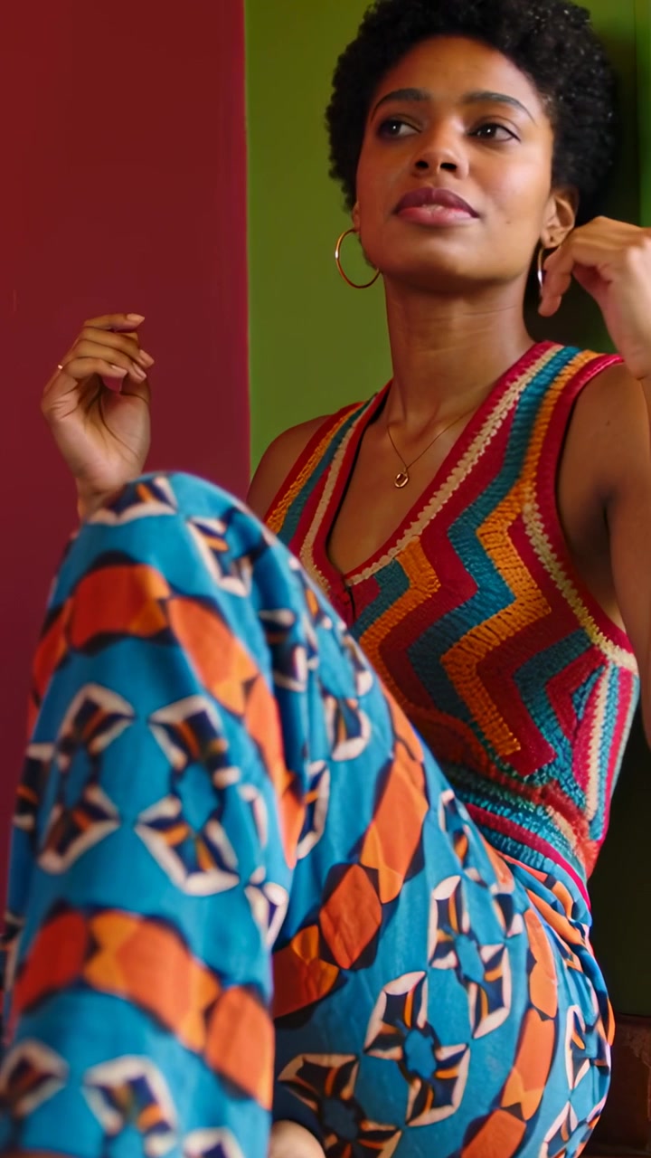 Vertical video: Frame showing woman in prints fixing hoops and necklace while posing for portrait