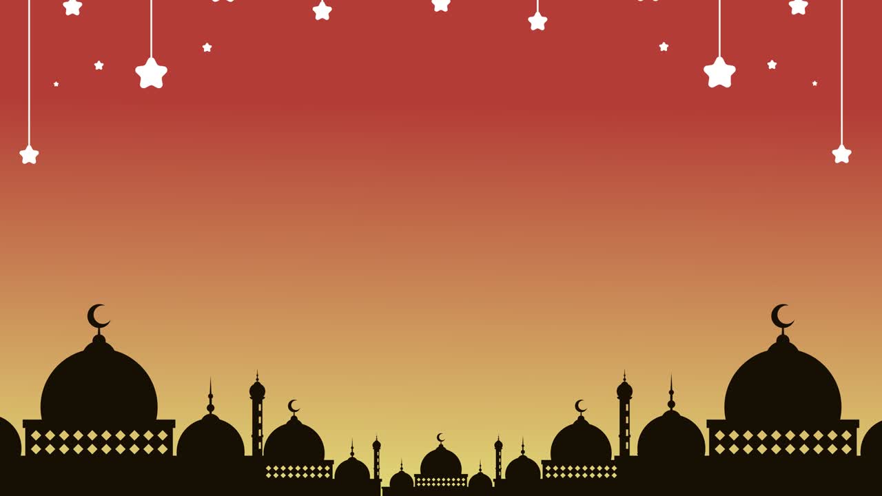 animación de la silueta de la mezquita con fondo de color atardecer y estrellas para el fondo de diseño islámico