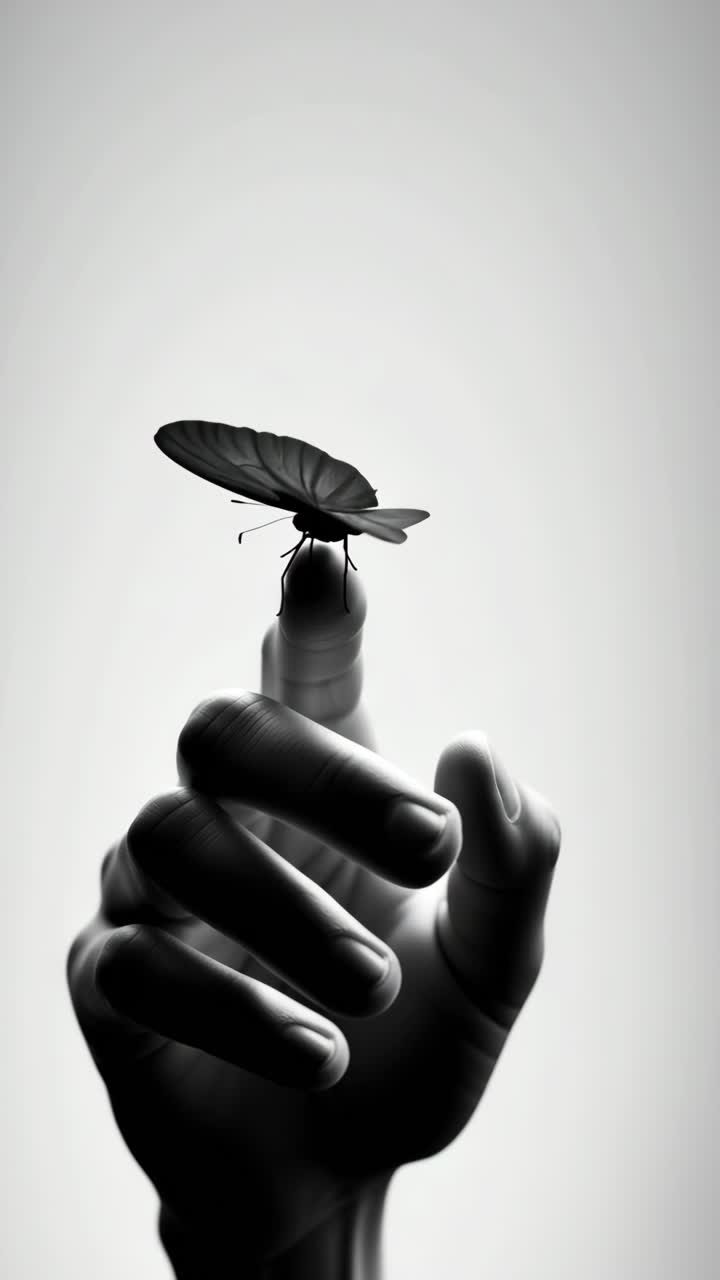 Silhouette of a butterfly perched on a finger, captured in a close-up, low-angle shot
