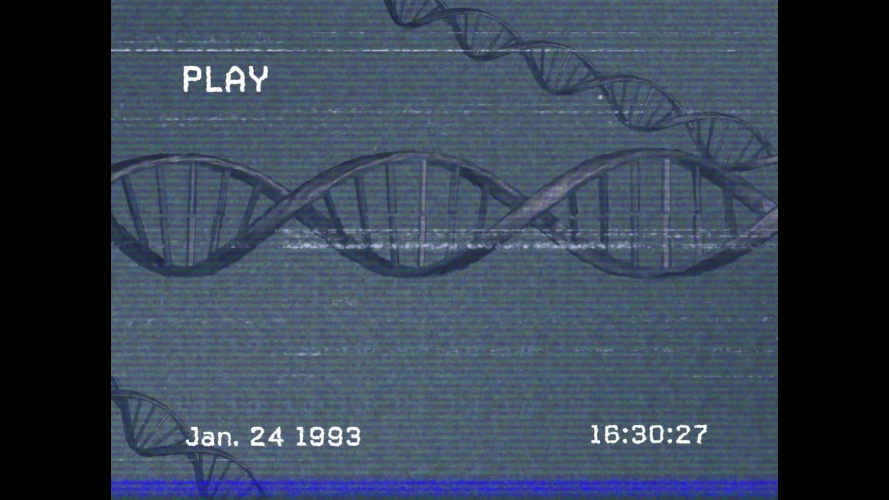 PLAY icon showing 24Jan1993 16:30:22 starting DNA helix drifting timestamp glitching for VHS effect