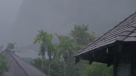 rainfall on rooftops in southern krabi, thailand, during the tropical rainy season, surrounded by lush green trees