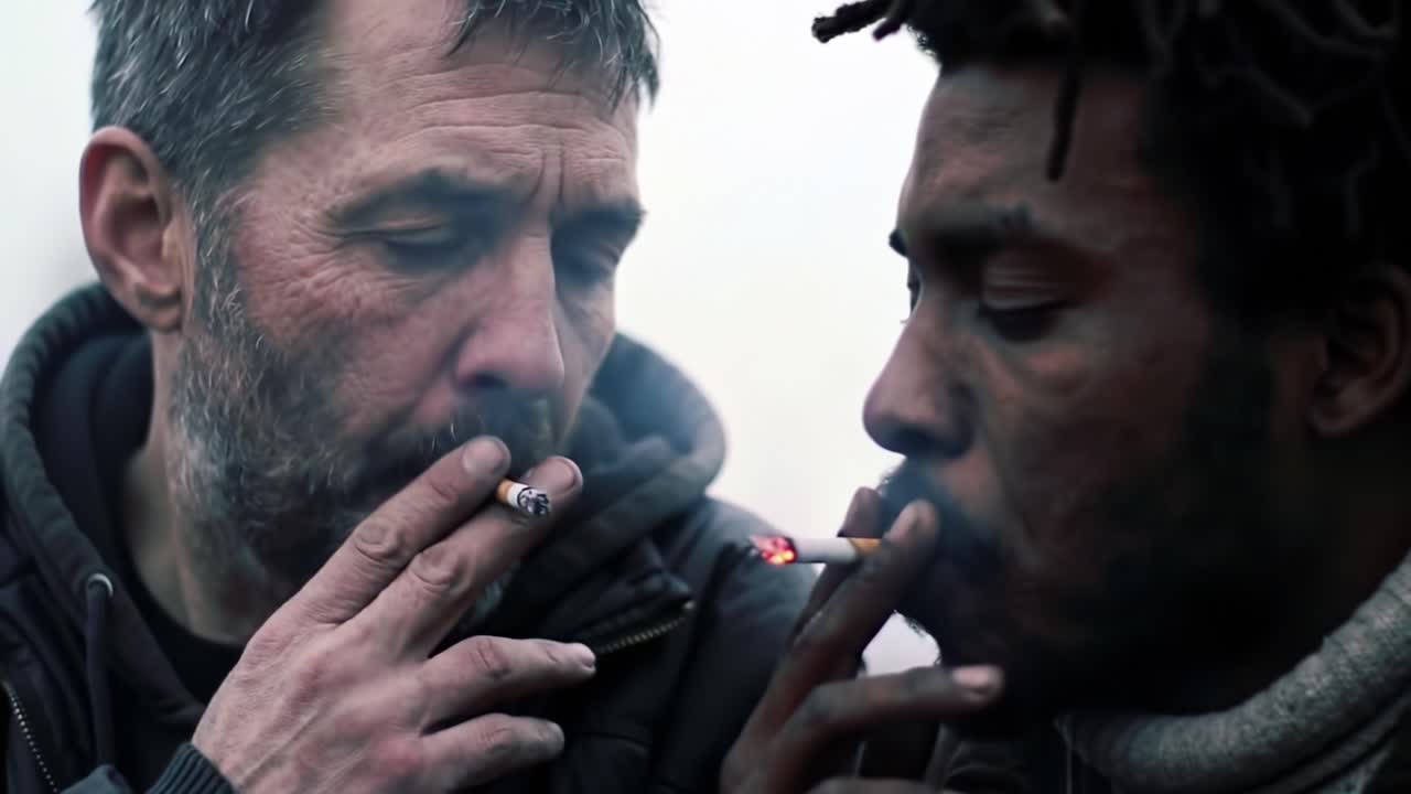 Intimate Conversation Between Two Men in a Gritty Urban Setting: Exploring Themes of Connection, Struggle, and Resilience in Their Lives