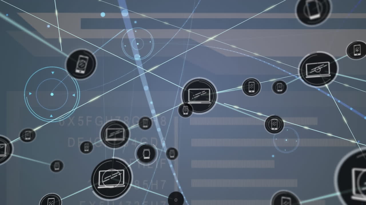animación de datos y red de conexiones con iconos sobre fondo oscuro