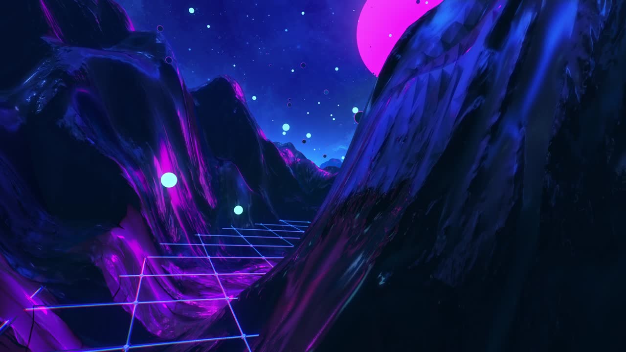 Volo futuristico attraverso un paesaggio psichedelico in loop continuo. VJ di alta qualità
