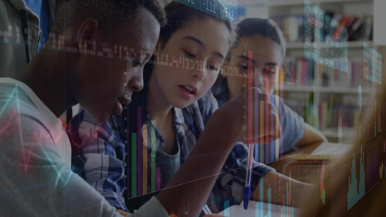 Teenage girl raising pencil showing graph overlay at library as peers writing learning task