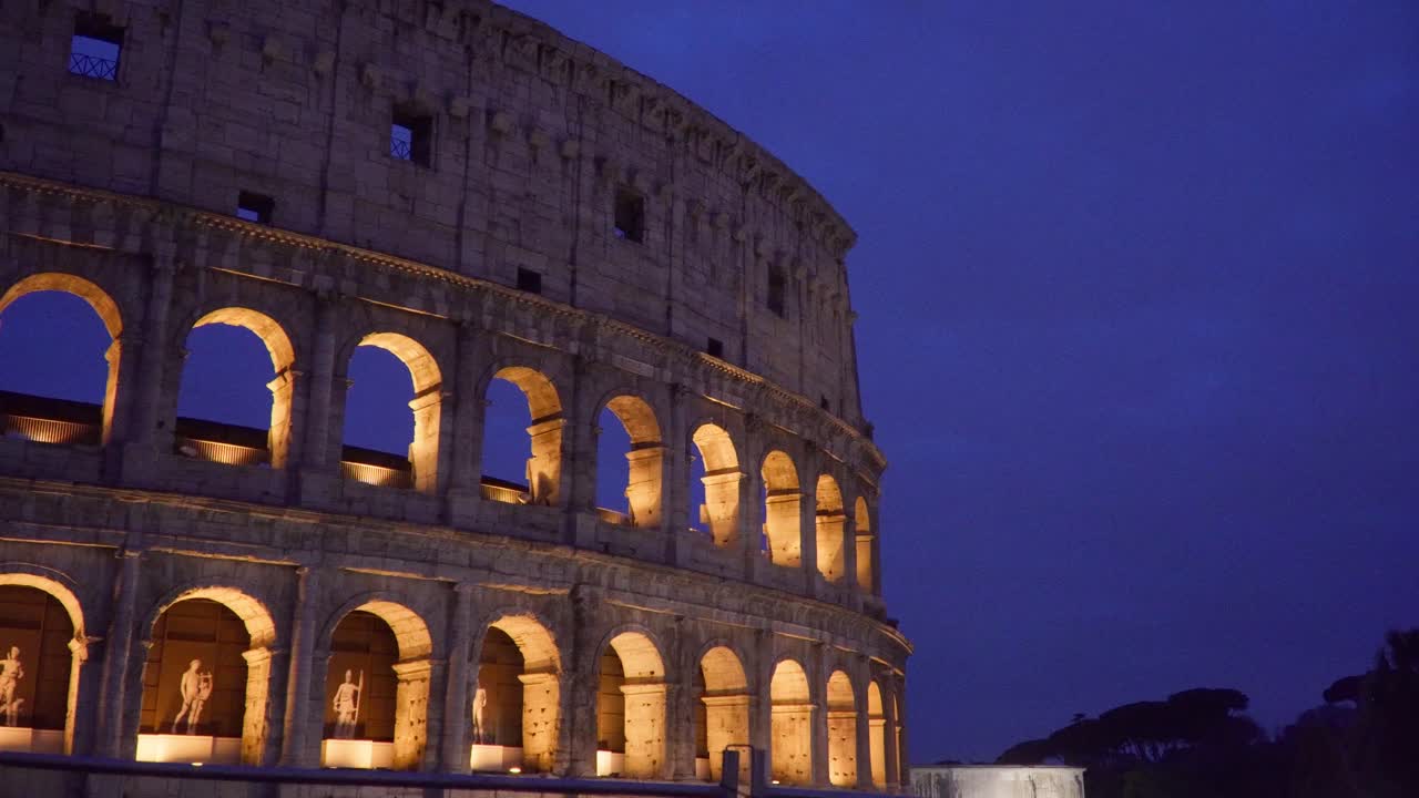 Camera shot of Colosseum at dusk in Rome