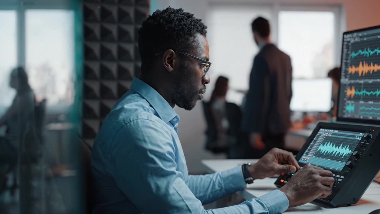 Focused audio engineer working diligently on sound mixing and editing using advanced technology and audio equipment in a modern studio environment.