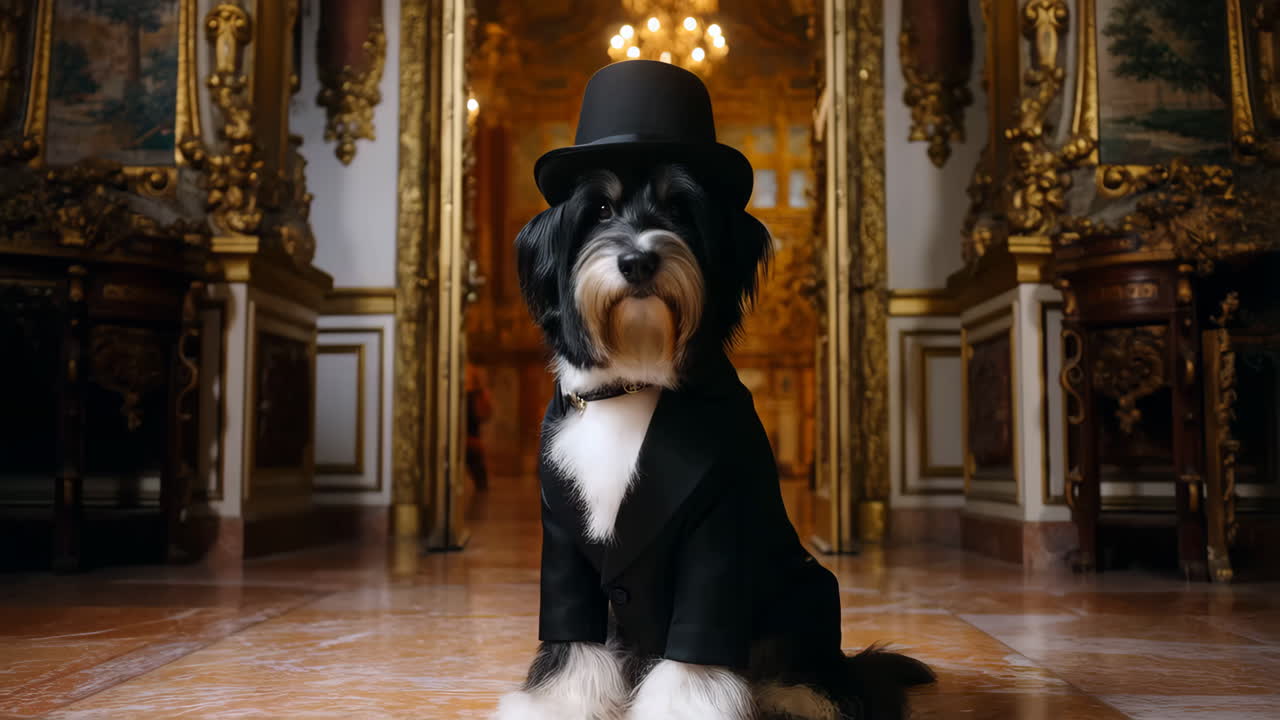 Elegant Dog in a Suit and Bowler Hat in a Grand Hall