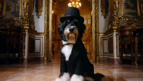 elegant dog in a suit and bowler hat in a grand hall