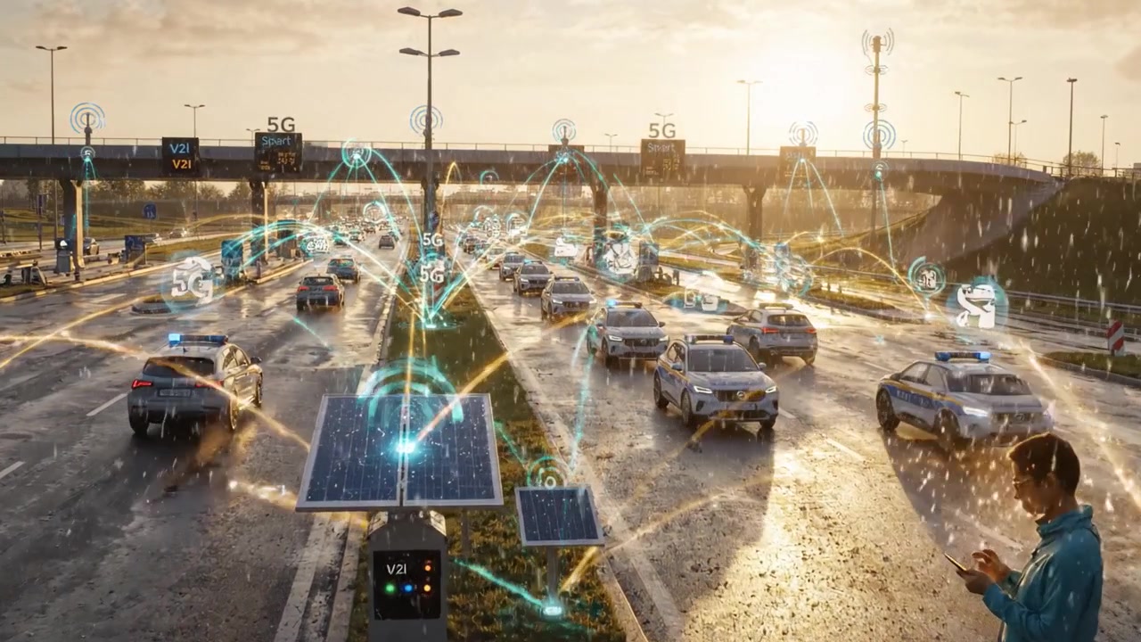 Un'autostrada urbana trafficata sotto la pioggia, che mostra veicoli, semafori e tecnologie di connettività avanzate sotto un cielo al tramonto vibrante.