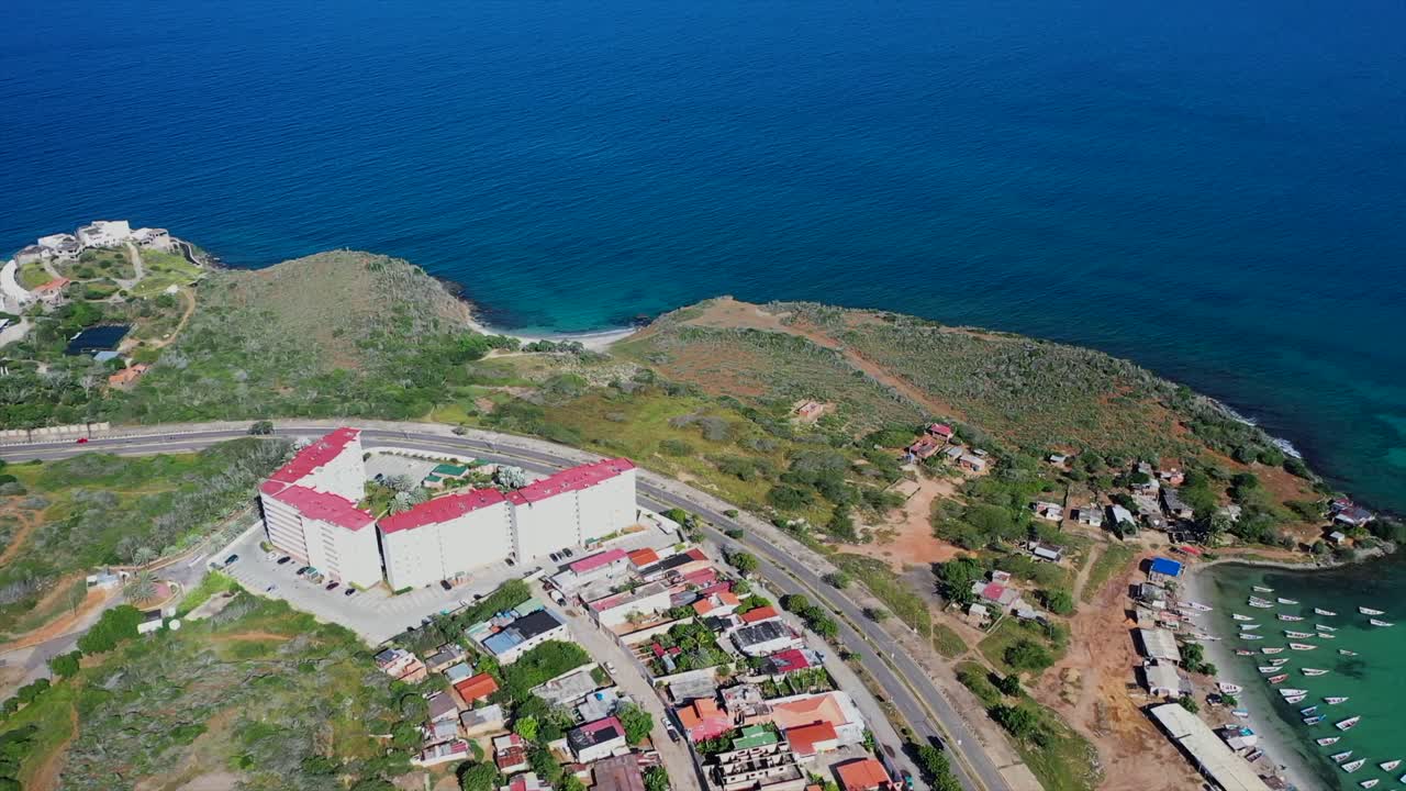 Aerial view of Playa Moreno, Margarita Island's coast, rural Caribbean life