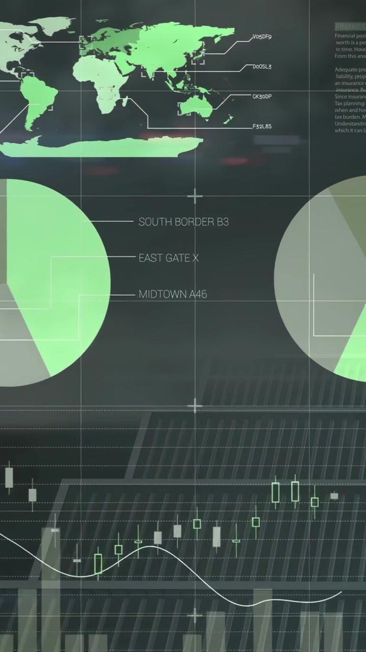 Vertical video: Dashboard panning right showing index gauges dropping bars map pies for finance