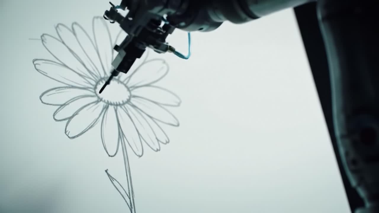 Intricate Robotic Arm Creating Detailed Flower Sketch on Canvas with Artistry and Precision, Showcasing the Fusion of Technology and Creativity