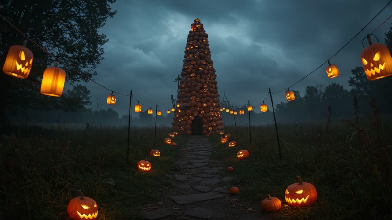An Enchanting Halloween Scene Featuring a Tower of Jack-o'-Lanterns Surrounded by Spooky Lanterns and an Eerie Atmosphere on a Misty Night