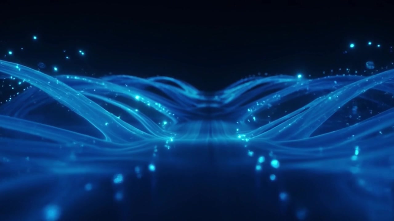 Abstract Blue Light Waves and Glowing Particles Flowing in Dark Space