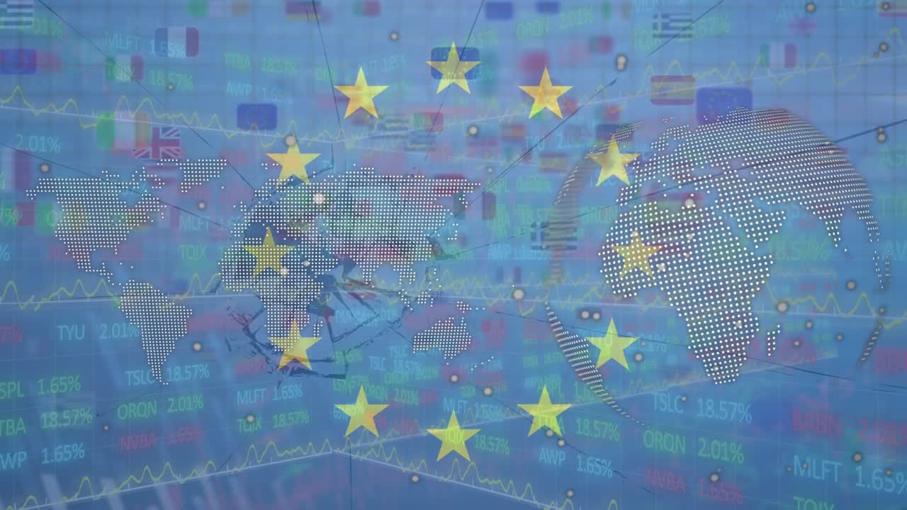 Animation af digitale nationale flag med aktiemarkedstape og jordklode mod EU-flag