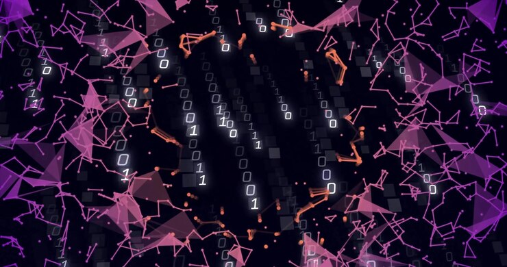 Dark frame starting digits emerging, cascading, nodes drifting, mesh swirling forming network ring