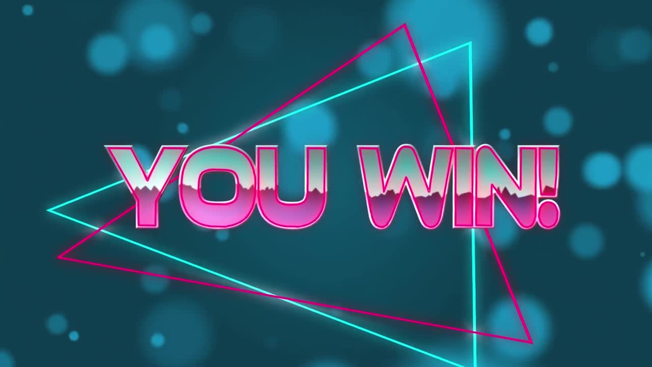 Animation of you win text over light spots on blue background
