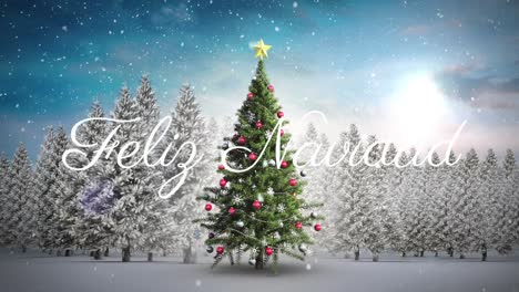 Feliz-Navidad-Text-Gegen-Schnee,-Der-über-Den-Weihnachtsbaum-In-Der-Winterlandschaft-Fällt