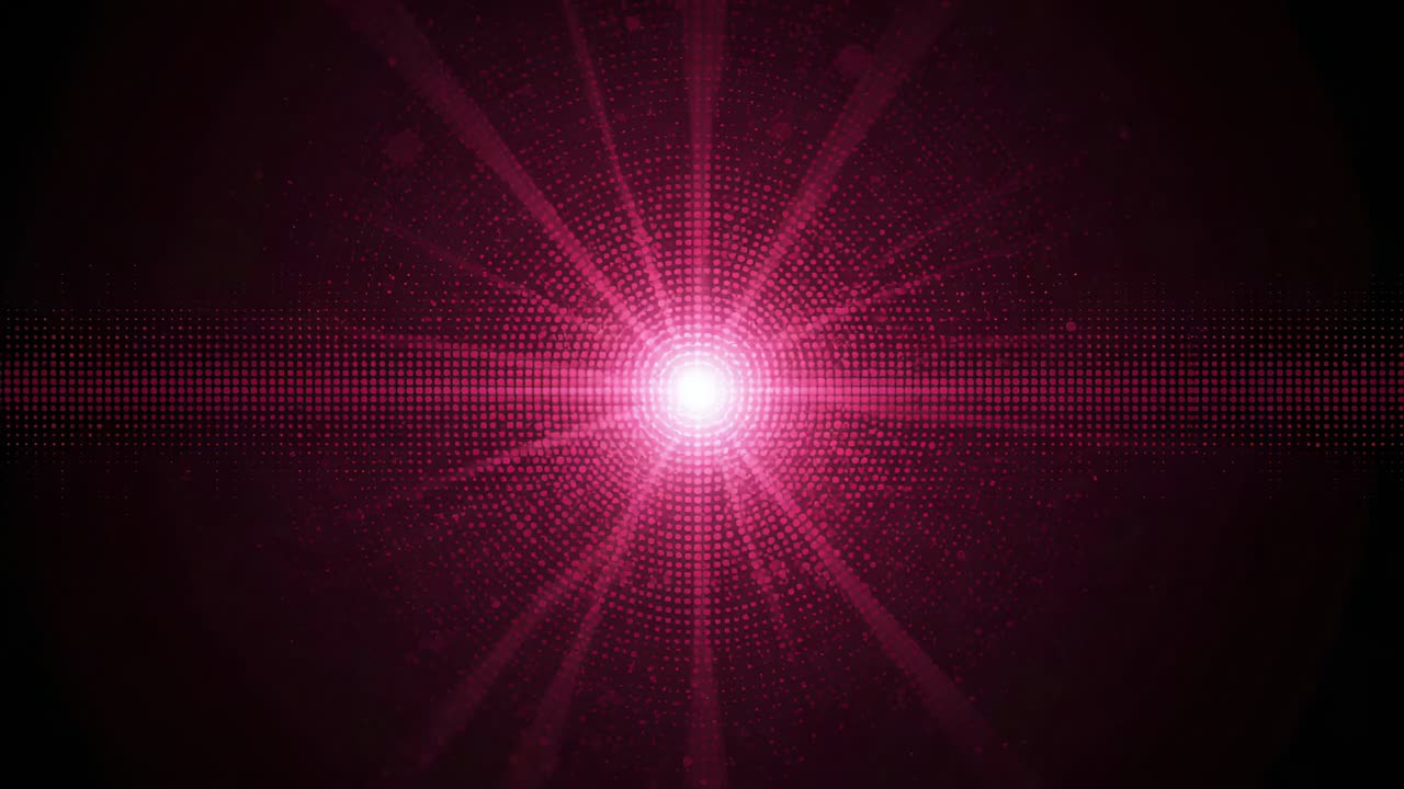 Pulsing magenta burst sending radial beams forming spark halo on digital canvas with dotted band