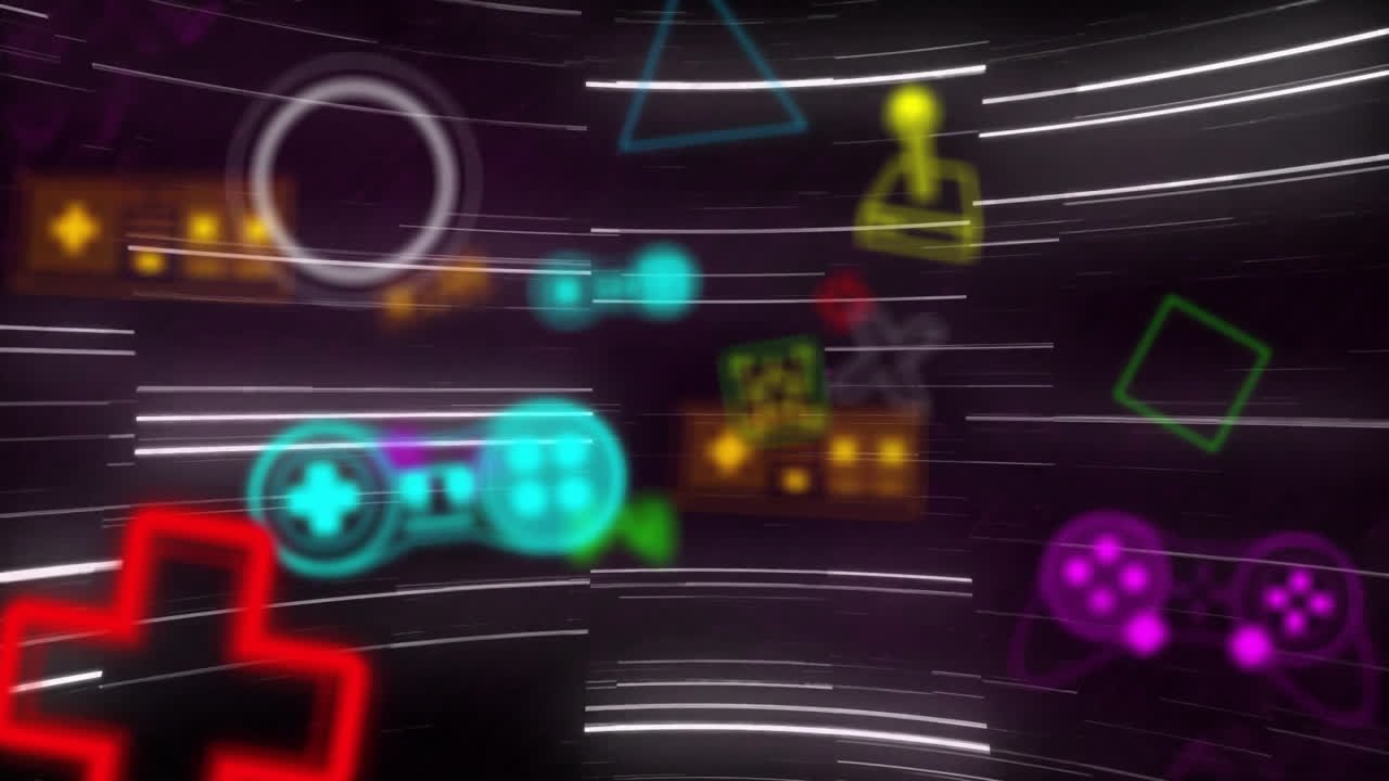생생하고 추상적인 모양의 배경 위에 비디오 게임 패턴의 애니메이션