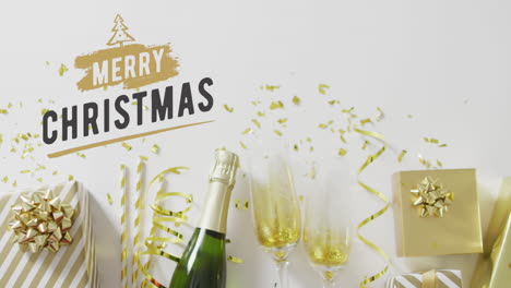 animación de felicitaciones de navidad texto sobre regalos de navidad y copas de champán y botella