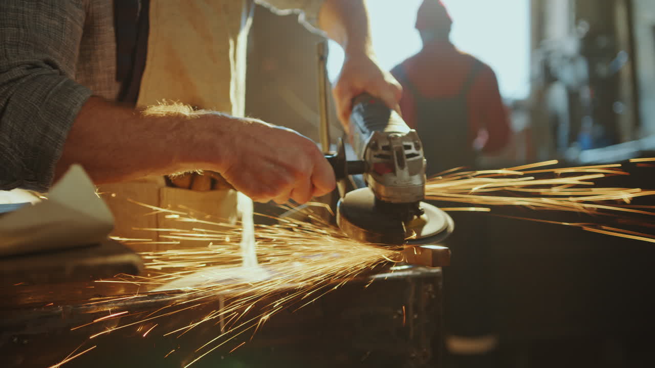 수공의 손은 각 가루 도구로 금속 세부 사항을 형성합니다.