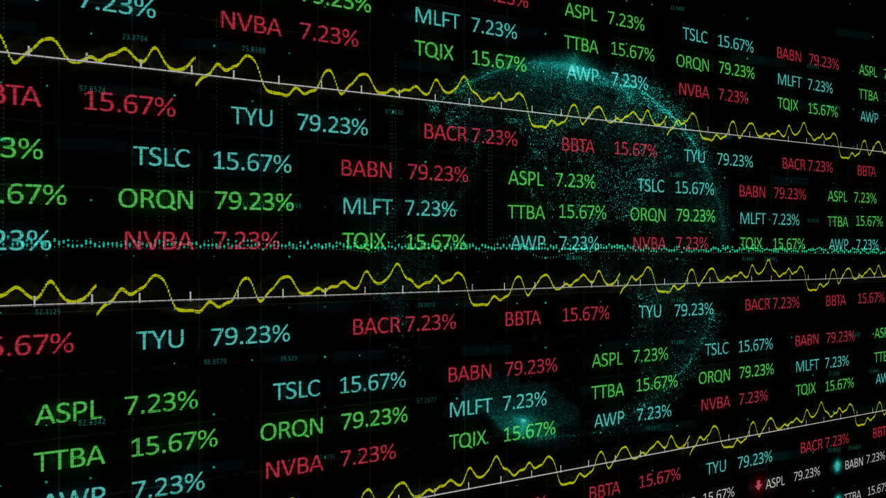 Grafici e percentuali fluttuanti su display digitale che mostrano dati del mercato azionario