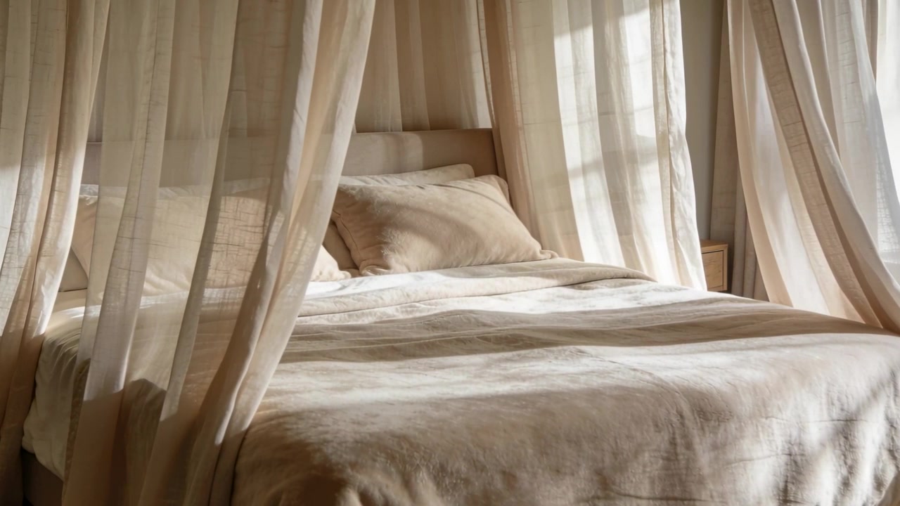 Luz matutina cambiante moviendo visillos y proyectando franjas sobre una cama con dosel hecha junto a la ventana